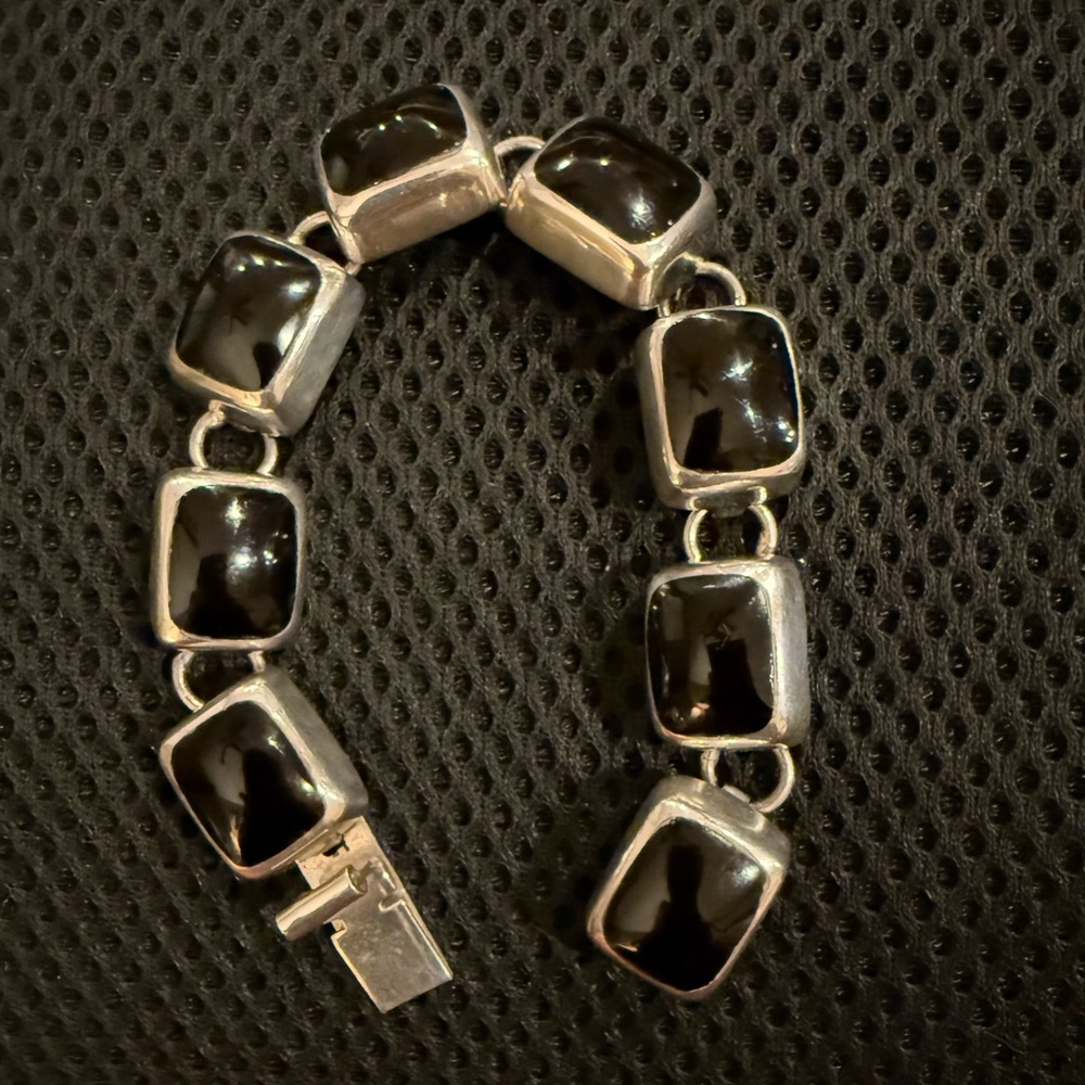 Southwestern Vintage Estate Solid Black Onyx .925 Sterling Silver Link Bracelet - Picture 2 of 9